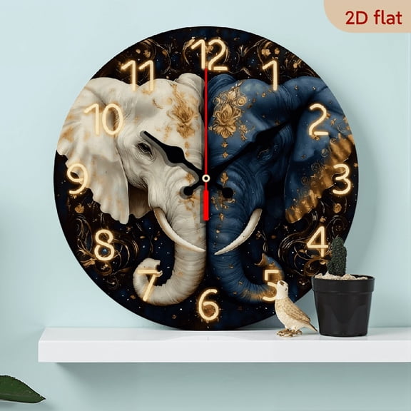 10-inch 2D flat "Black and White Elephant" theme wooden circular silent wall clock, suitable for modern home art decoration, wall decoration, it is an ideal gift for festivals and birthdays