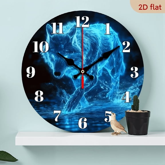 A 10-inch 2D flat "Blu-ray Wolf" themed wooden circular wall clock, suitable for decoration in bedrooms, living rooms and offices. It is an ideal gift for Christmas and New Year.