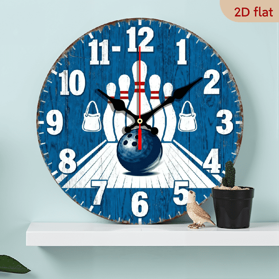 A 10-inch 2D flat "Blue Bowling Ball" themed wooden circular wall clock, suitable for decoration in bedrooms, living rooms and offices. It is an ideal gift for Christmas and New Year.