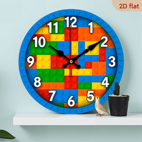 10-inch 2D flat "Blue Building Blocks" themed wooden silent wall clock. It is an excellent choice for Halloween/Easter/Christmas gifts and is suitable for modern home decoration art.