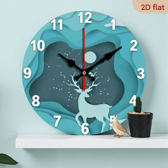 A 10-inch 2D flat "Blue Deer Shadow" theme wooden circular wall clock, suitable for decoration in bedrooms, living rooms and offices. It is an ideal gift for Christmas and New Year.