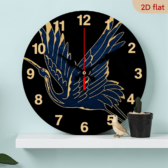 A 10-inch 2D flat "Blue Flying Crane" themed wooden silent wall clock. It is an excellent choice for Halloween/Easter/Christmas gifts and is suitable for modern home decoration art.