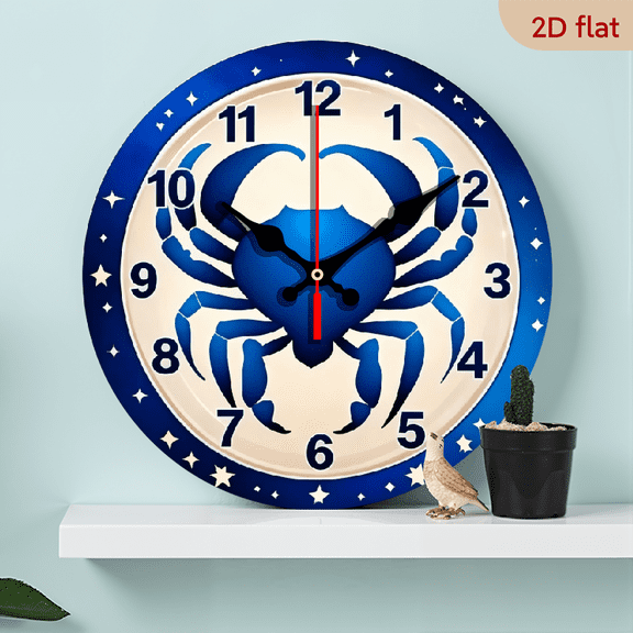 A 10-inch 2D flat "Blue Star Crab" themed wooden circular wall clock, suitable for decoration in bedrooms, living rooms and offices. It is an ideal gift for Christmas and New Year.
