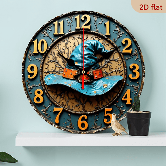 10-inch 2D flat "Blue Wizard Hat" theme wooden silent wall clock. Ideal gift for Halloween/Easter/Christmas. Suitable for modern home decoration and art style.