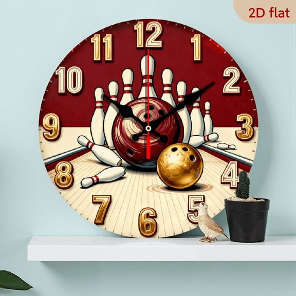 A 10-inch 2D flat "Bowling" theme wooden circular wall clock, suitable for decoration in bedrooms, living rooms and offices. It is an ideal gift for Christmas and New Year.