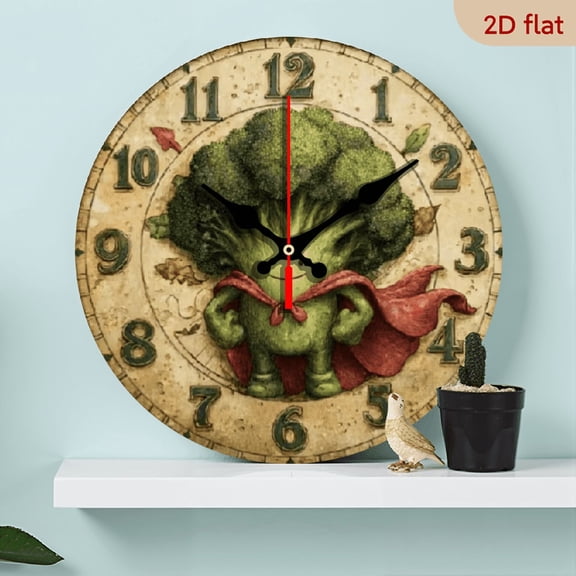 A 10-inch 2D flat "Broccoli Superman" theme wooden silent wall clock is an excellent choice for decorating the interior walls and an ideal gift for various festivals.