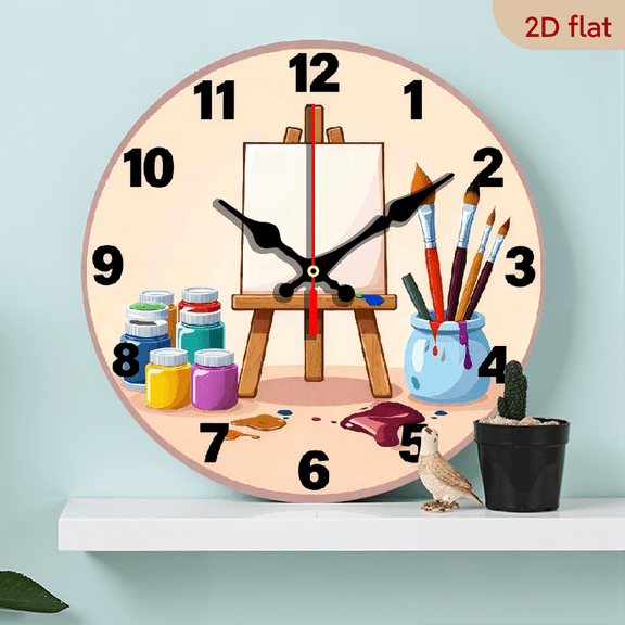 A 10-inch 2D flat "Brush Pigments" themed wooden circular wall clock, suitable for decoration in bedrooms, living rooms, and offices. It is an ideal gift for Christmas and New Year.