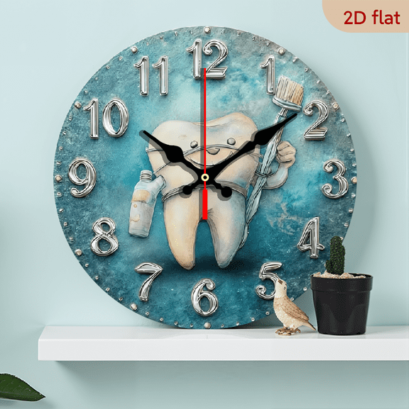 A 10-inch 2D flat "Brushing Teeth" themed wooden silent wall clock is an excellent choice for decorating the interior walls and an ideal gift for various festivals.