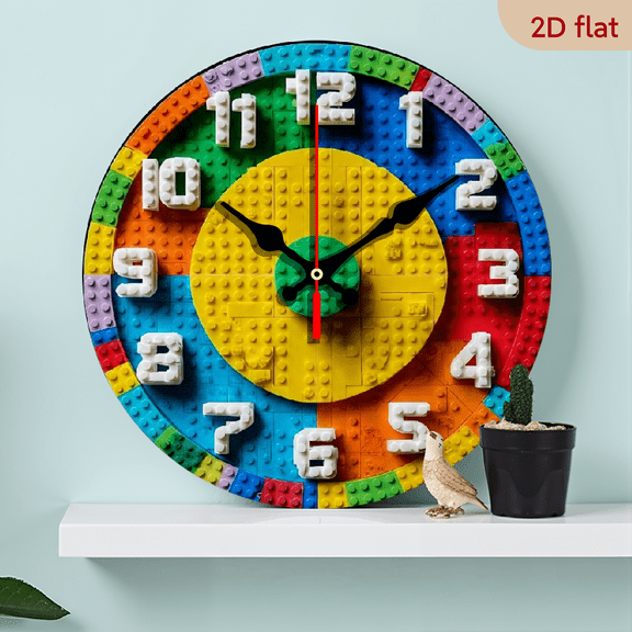 10-inch 2D flat "Building Blocks Assembly" theme, wooden circular silent wall clock, suitable for modern home art decoration, wall decoration, it is an ideal gift for festivals and birthdays
