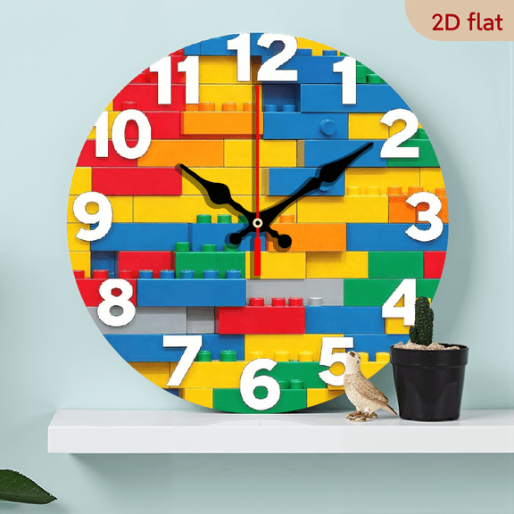 10-inch 2D flat "Building Blocks" theme, wooden circular silent wall clock, suitable for modern home art decoration, wall decoration, it is an ideal gift for festivals and birthdays