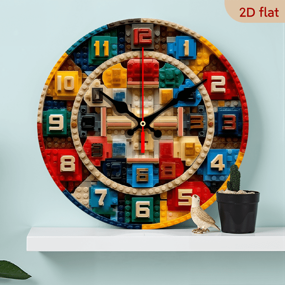 A 10-inch 2D flat "Building Blocks" theme wooden silent wall clock. It is an excellent choice for Halloween/Easter/Christmas gifts and is suitable for modern home decoration art.