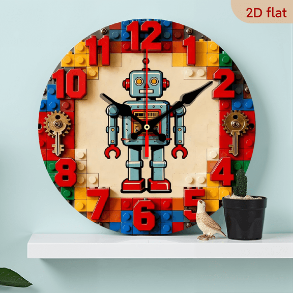 A 10-inch 2D flat "Building Robot" theme wooden circular wall clock, suitable for decoration in bedrooms, living rooms and offices. It is an ideal gift for Christmas and New Year.