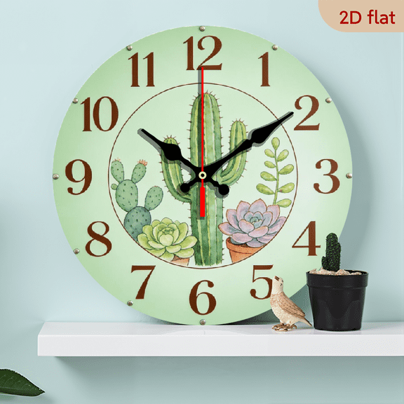 10-inch 2D flat "Cactus and Succulent" theme, wooden circular silent wall clock, suitable for modern home art decoration, wall decoration, it is an ideal gift for festivals and birthdays