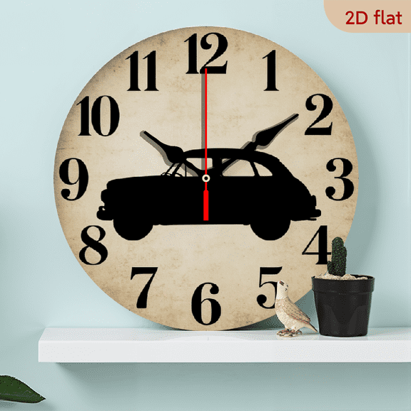 10-inch 2D flat "Car Shadow" theme wooden circular silent wall clock, suitable for modern home art decoration, wall decoration, it is an ideal gift for festivals and birthdays