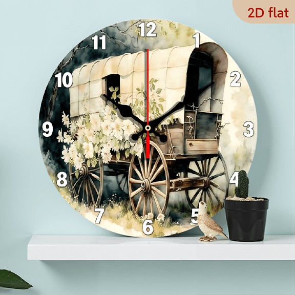 10-inch 2D flat "Carriage" theme wooden circular silent wall clock, suitable for modern home art decoration, wall decoration, it is an ideal gift for festivals and birthdays
