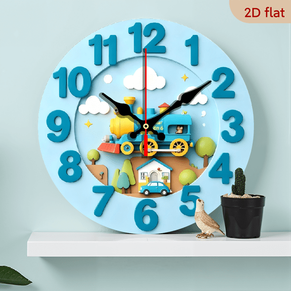 A 10-inch 2D flat "Cartoon Little Train" themed wooden circular wall clock, suitable for decoration in bedrooms, living rooms and offices. It is an ideal gift for Christmas and New Year.