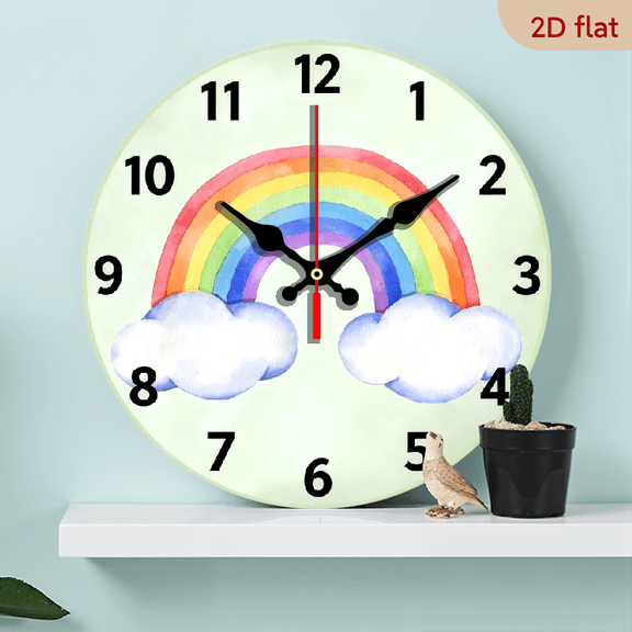 10-inch 2D flat "Cartoon Rainbow" theme wooden circular silent wall clock, suitable for modern home art decoration, wall decoration, it is an ideal gift for festivals and birthdays