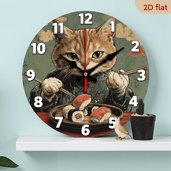 A 10-inch 2D flat "Cat Eating Sushi" themed wooden silent round wall clock. It can be used to decorate bedrooms, living rooms, and offices, and is also the top choice for gift-giving.