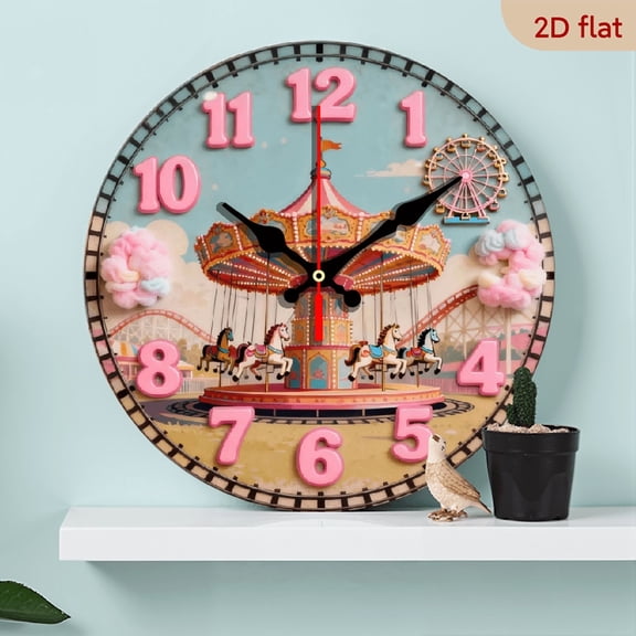 A 10-inch 2D flat "Childish Amusement Park" theme wooden circular wall clock. Suitable for decoration in bedrooms, living rooms and offices. It is an ideal gift for Christmas and New Year.
