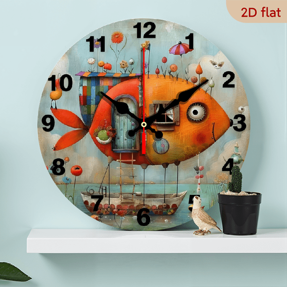 A 10-inch 2D flat "Childlike Fishing Boat" themed wooden silent wall clock. It is an excellent choice for Halloween/Easter/Christmas gifts and is suitable for modern home decoration art.
