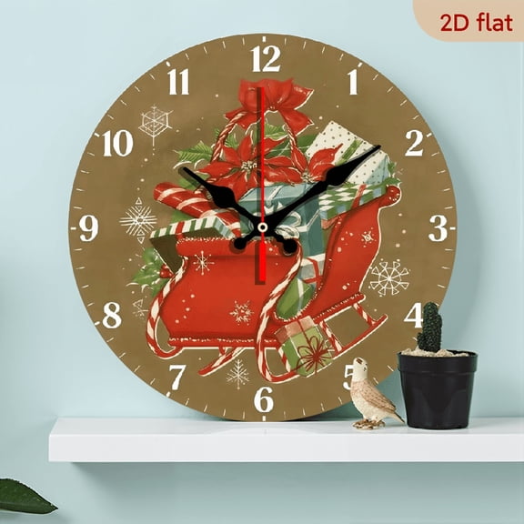 A 10-inch 2D flat "Christmas Sleigh" themed wooden silent wall clock. It is an excellent choice for Halloween/Easter/Christmas gifts and is suitable for modern home decoration art.