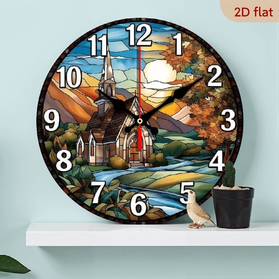 A 10-inch 2D flat "Church Art" theme wooden circular wall clock, suitable for decoration in bedrooms, living rooms and offices. It is an ideal gift for Christmas and New Year.