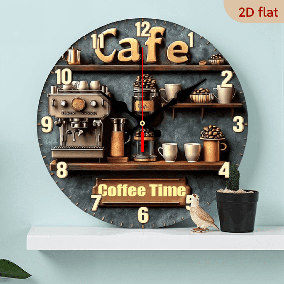 10-inch 2D flat "Coffee Time" theme wooden silent wall clock. Ideal gift for Halloween/Easter/Christmas. Suitable for modern home decoration and art style.