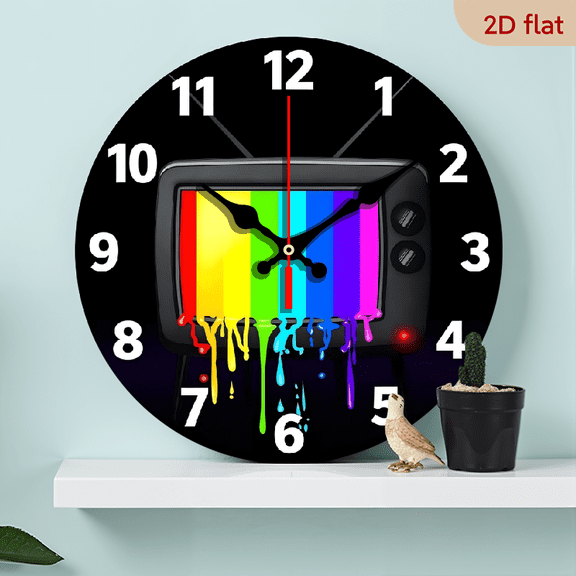A 10-inch 2D flat "Color TV" themed wooden circular wall clock. Suitable for decoration in bedrooms, living rooms and offices. It is an ideal gift for Christmas and New Year.