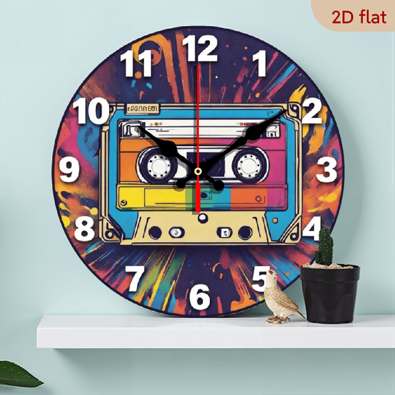 A 10-inch 2D flat "Color Video Tape" themed wooden circular wall clock, suitable for decoration in bedrooms, living rooms and offices. It is an ideal gift for Christmas and New Year.