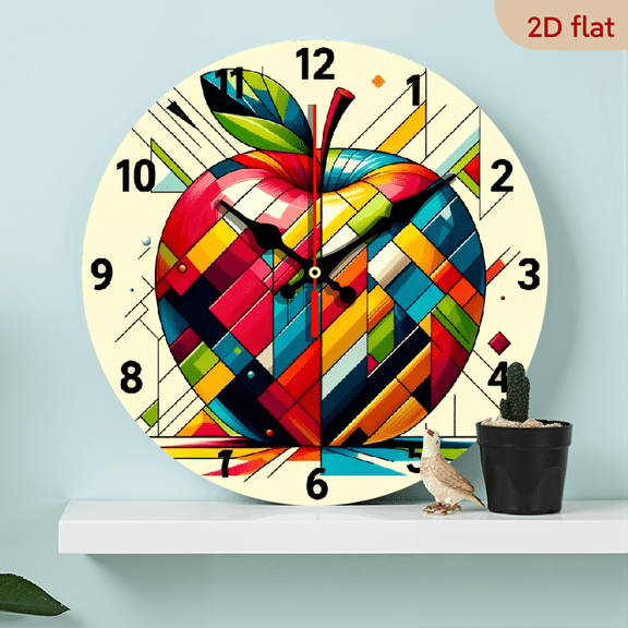 A 10-inch 2D flat "Colored Apple Pattern" theme wooden silent wall clock is an excellent choice for Halloween/Easter/Christmas gifts and is suitable for modern home decoration art.