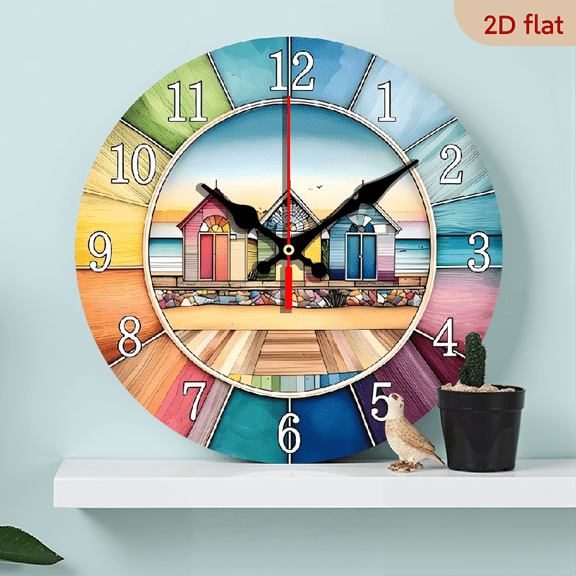 A 10-inch 2D flat "Colorful Beach Cottage" wooden silent wall clock in a theme, ideal for Halloween/Easter/Christmas gifts and suitable for modern home decoration art.