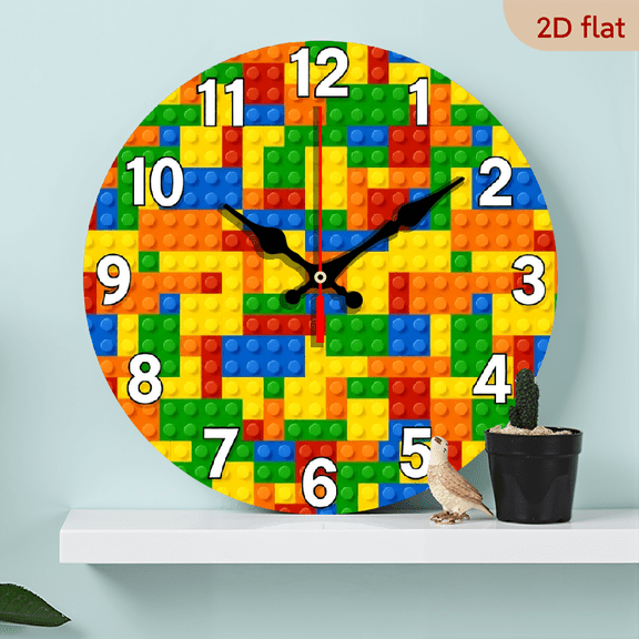 10-inch 2D flat "Colorful Building Block Assembly" theme, wooden circular silent wall clock, suitable for modern home art decoration, wall decoration, it is an ideal gift for festivals and birthdays