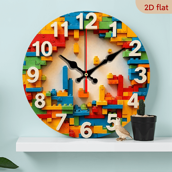 A 10-inch 2D flat "Colorful Building Block Jigsaw" theme wooden silent wall clock. It is an excellent choice for Halloween/Easter/Christmas gifts and is suitable for modern home decoration art.