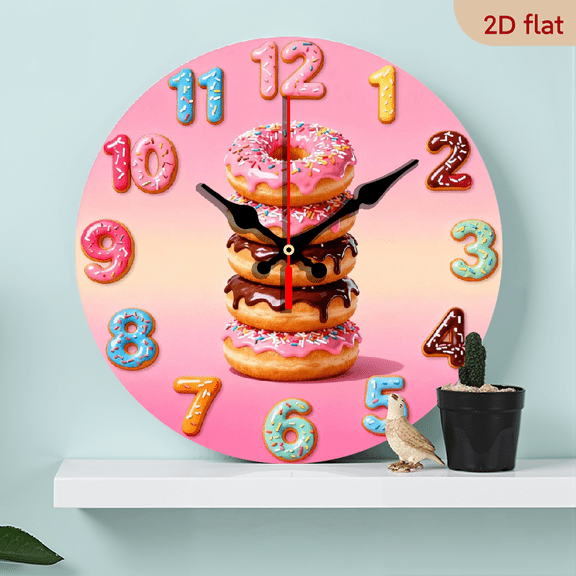 10-inch 2D flat "Colorful Donut" theme wooden circular silent wall clock, suitable for modern home art decoration, wall decoration, it is an ideal gift for festivals and birthdays