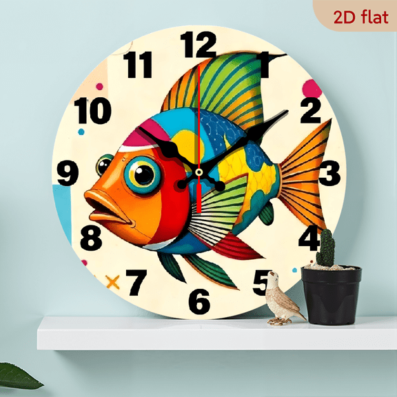 A 10-inch 2D flat "Colorful Fish" theme wooden silent wall clock. It is an excellent choice for Halloween/Easter/Christmas gifts and is suitable for modern home decoration art.