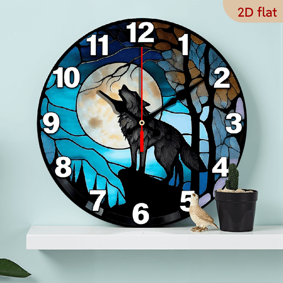A 10-inch 2D flat "Colorful Glass Wolf" theme wall clock, suitable for decoration in bedrooms, living rooms and bathrooms. It is an ideal gift for Christmas and New Year.
