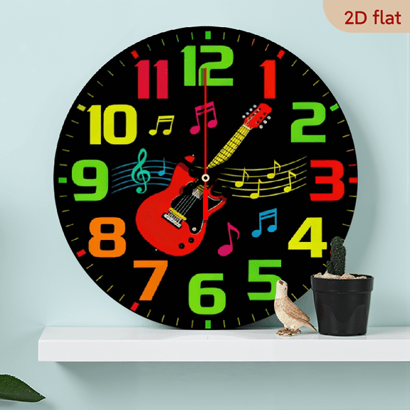 10-inch 2D flat "Colorful Guitar Music" theme, wooden circular silent wall clock, suitable for modern home art decoration, wall decoration, it is an ideal gift for festivals and birthdays