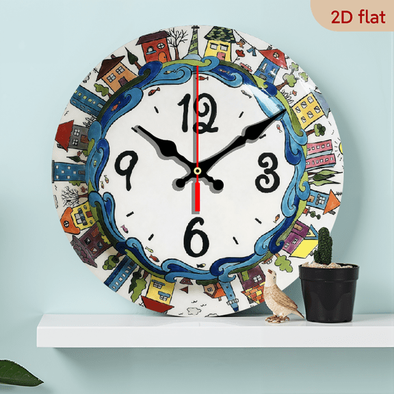 A 10-inch 2D flat "Colorful Houses" themed wooden circular wall clock. Suitable for decoration in bedrooms, living rooms and offices. It is an ideal gift for Christmas and New Year.