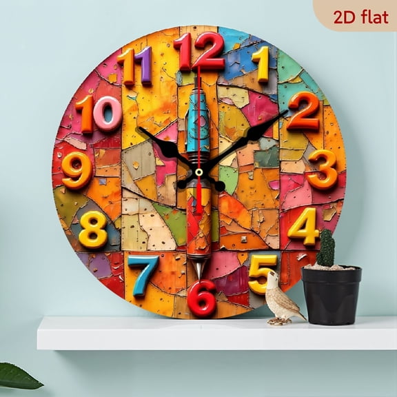 A 10-inch 2D flat "Colorful Pen" theme wooden circular wall clock, suitable for decoration in bedrooms, living rooms and offices. It is an ideal gift for Christmas and New Year.
