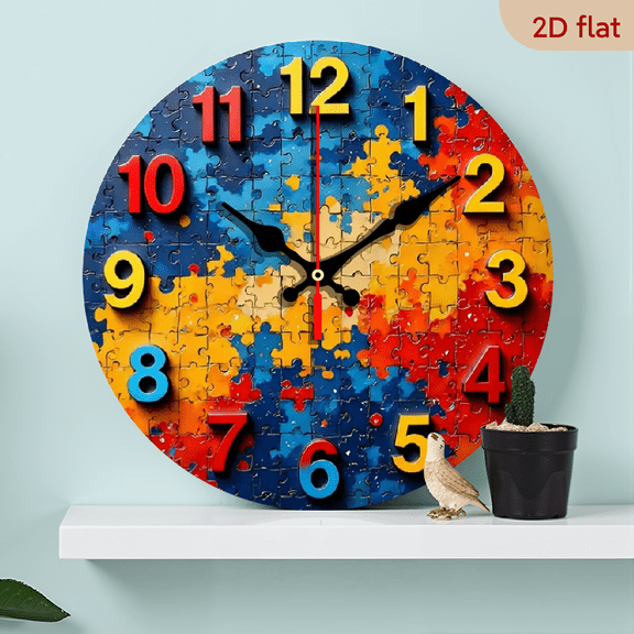 10-inch 2D flat "Colorful Puzzle Graffiti" theme wooden silent wall clock. Ideal gift for Halloween/Easter/Christmas. Suitable for modern home decoration and art style.