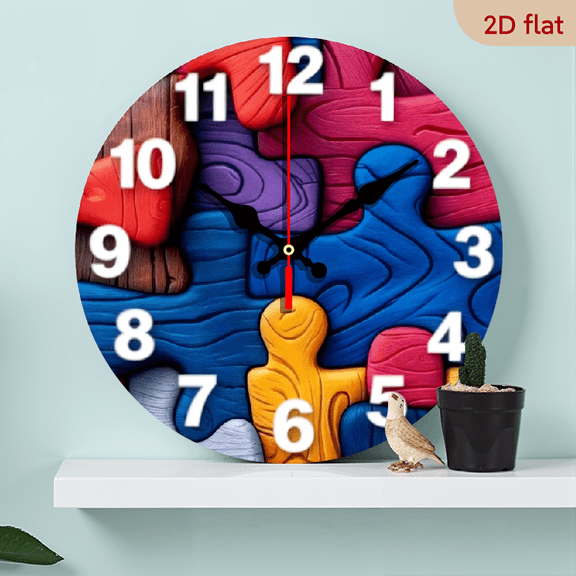 10-inch 2D flat "Colorful Puzzle" theme, wooden circular silent wall clock, suitable for modern home art decoration, wall decoration, it is an ideal gift for festivals and birthdays