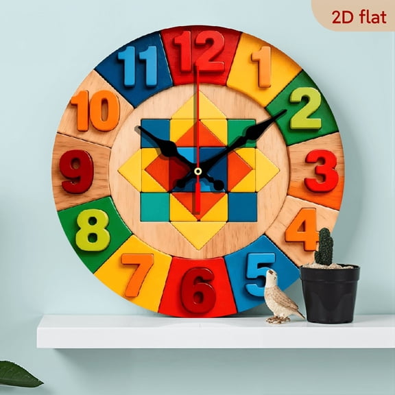 A 10-inch 2D flat "Colorful Puzzle" themed wooden circular wall clock, suitable for decoration in bedrooms, living rooms and offices. It is an ideal gift for Christmas and New Year.