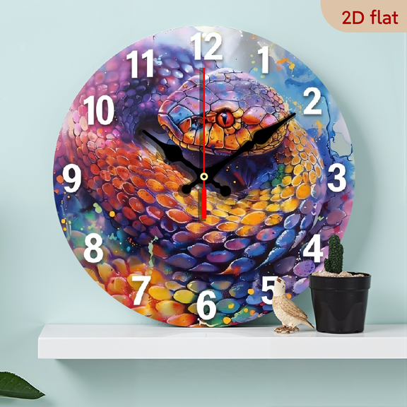 A 10-inch 2D flat "Colorful Python" theme wooden circular wall clock, suitable for decoration in bedrooms, living rooms and offices. It is an ideal gift for Christmas and New Year.
