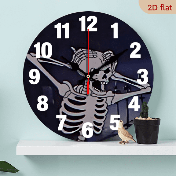 A 10-inch 2D flat "Crushed Skeleton" themed wooden circular wall clock, suitable for decoration in bedrooms, living rooms, and offices. It is an ideal gift for Christmas and New Year.
