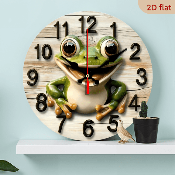 A 10-inch 2D flat "Cute Frog" themed wooden silent wall clock is an excellent choice for Halloween/Easter/Christmas gifts and is suitable for modern home decoration art.
