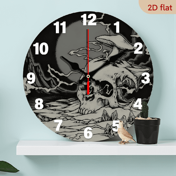 A 10-inch 2D flat "Dark Skull Head" themed wooden circular wall clock, suitable for decoration in bedrooms, living rooms, and offices. It is an ideal gift for Christmas and New Year.