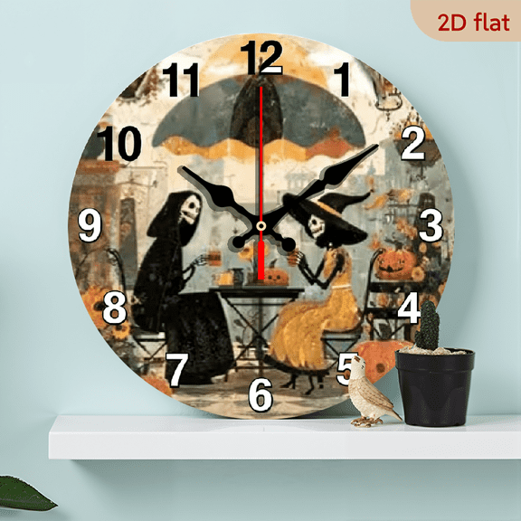 10-inch 2D flat "Death's Date" theme wooden silent wall clock. Ideal gift for Halloween/Easter/Christmas. Suitable for modern home decoration and art style.