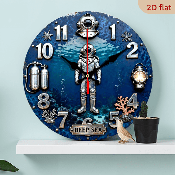 A 10-inch 2D flat "Deep Sea" theme wooden circular wall clock, suitable for decoration in bedrooms, living rooms and offices. It is an ideal gift for Christmas and New Year.