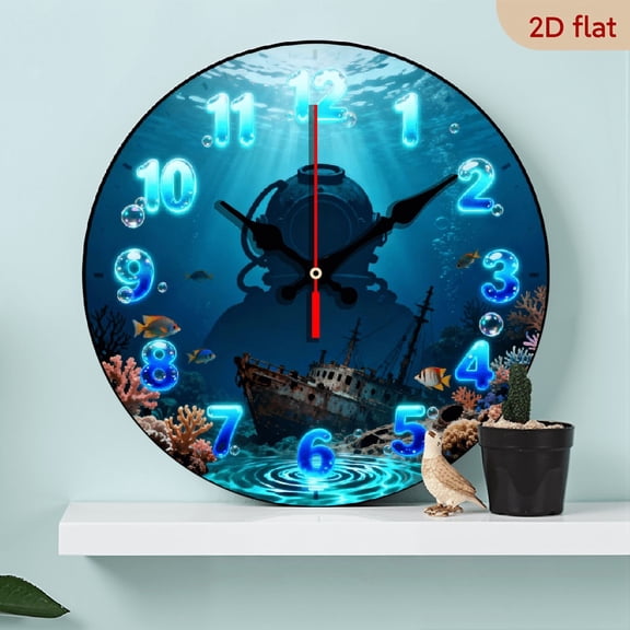 A 10-inch 2D flat "Deep Sea" theme wooden circular wall clock, suitable for decoration in bedrooms, living rooms and offices. It is an ideal gift for Christmas and New Year.