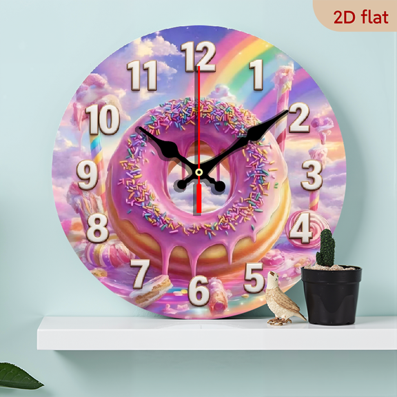 10-inch 2D flat "Delicious Donut" theme wooden circular silent wall clock, suitable for modern home art decoration, wall decoration, it is an ideal gift for festivals and birthdays